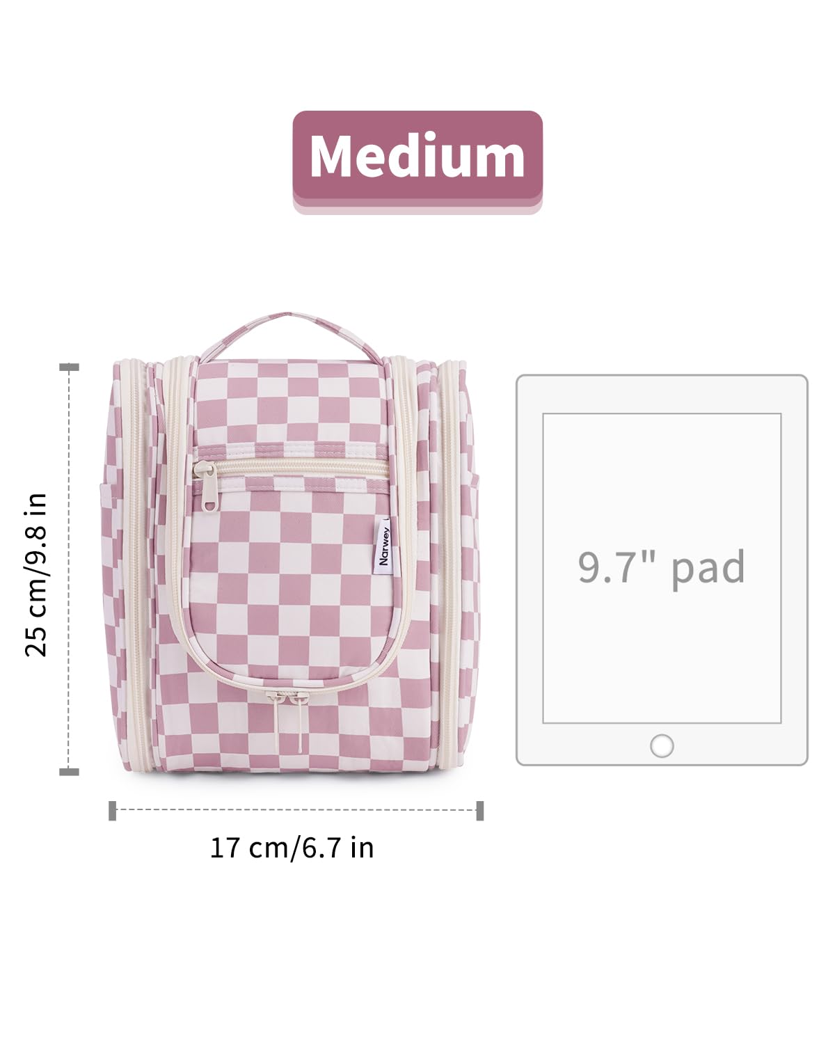 Narwey Small Checkered Hanging Travel Toiletry Bag for Women, Travel Bag for Toiletries, Makeup Bag Organizer Cosmetic Bags Make Up Bags for Women (Dusty Rose Checkerboard)