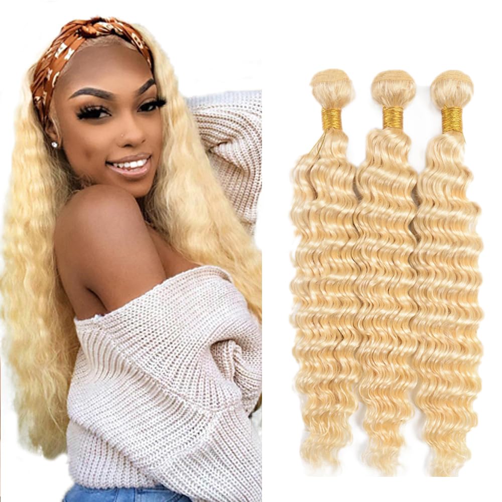 #613 Blonde Bundles Human Hair Honey Blonde Deep Wave Bundles 24 26 28 Inch Unprocessed Brazilian Virgin Hair 3 Bundle 50 Gram Per Bundle Deals Quick Weave Hair Extensions