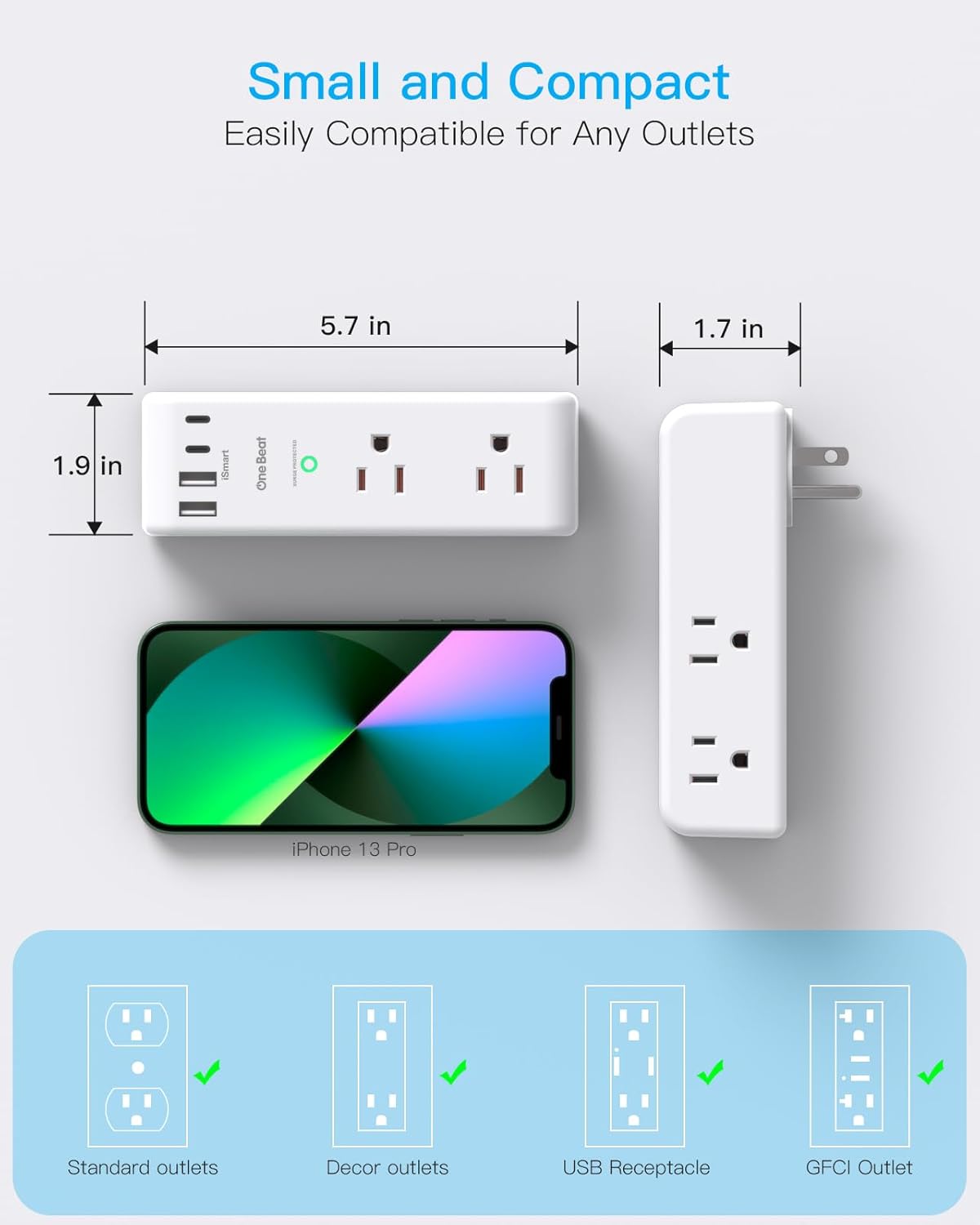 Surge Protector Outlet Extender - 6 AC Multi Plug with 4 USB Ports, Rotating Plug & 1800J Protection | Ideal for Home, Office & Travel