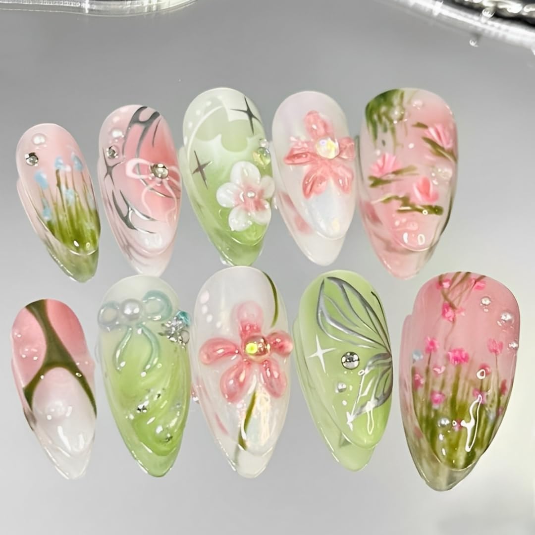Flower Press-On Nails - 10 Pcs Short Almond Style with Gold Shell & Starfish Rhinestones | Reusable Cute Handmade Acrylic Nails for Women & Girls