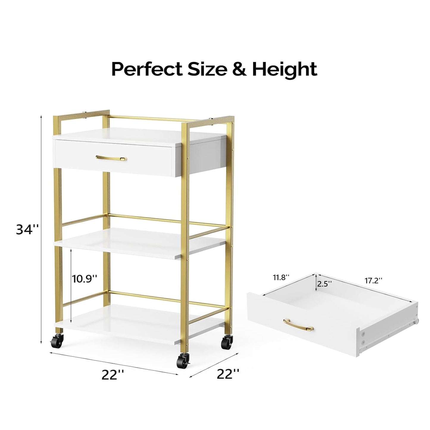 OmySalon Salon Trolley Cart - Mobile Beauty Storage Organizer with 1 Drawer & 2 Trays | White Gold