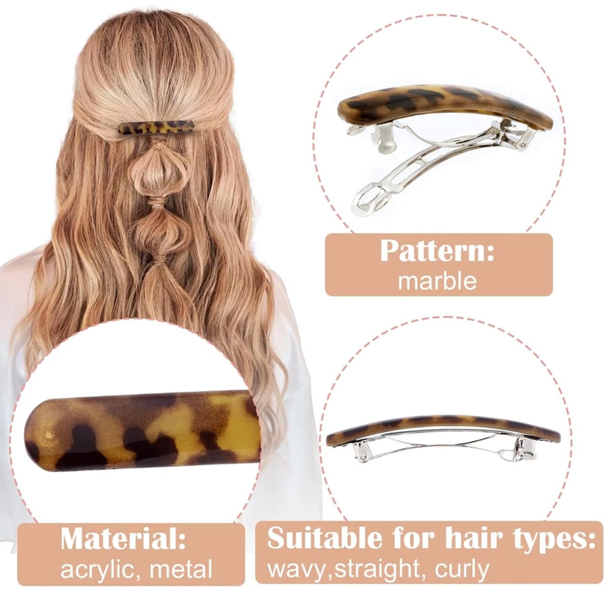 4PCS Tortoise Shell Hair Clips for Women, Oval Classic French Hair Barrettes, Curved Glossy Hair Accessories for Women Thick Long Hair