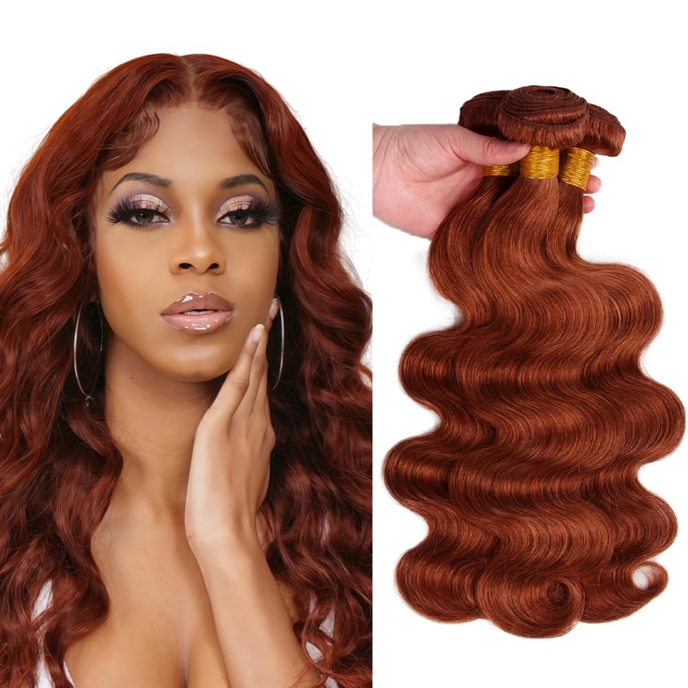 Huxowax 28 30 32 Inch Auburn Bundle Human Hair Color Body Wave Brazilian Virgin Weave 3 Bundles Double Weft #33 Reddish Brown Body Wave Human Hair Extensions Total 150g