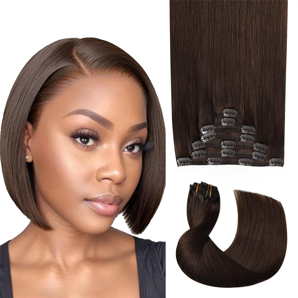 #4 Brown Clip in Hair Extensions Real Human Hair,14 Inch 120g/7Pcs,Full Shine Dark Brown Remy Human Hair,Chocolate Brown Straight Clip ins Brazilian Virgin Hair Extensions