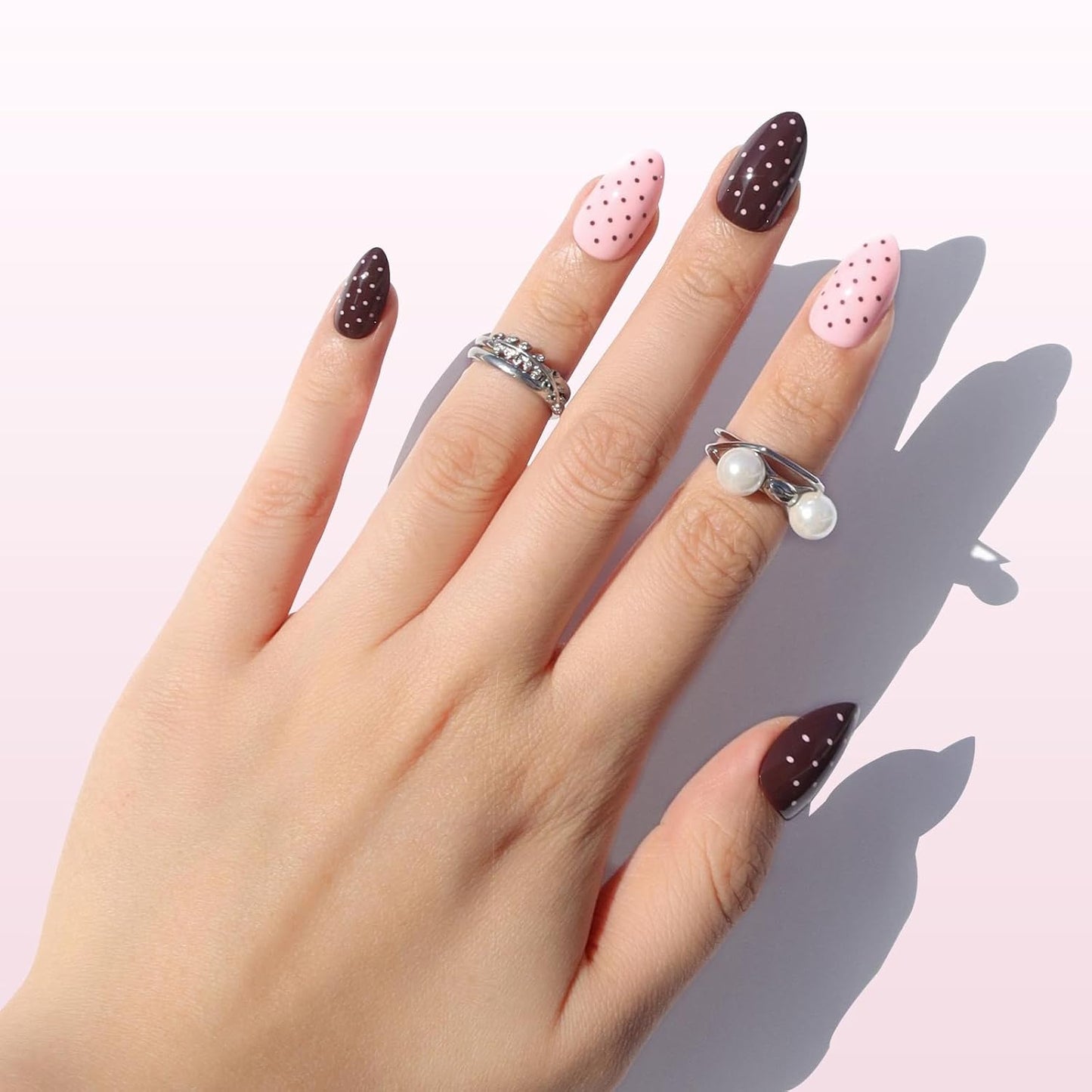 Nail Reformation Press On Nails - Polka Dot Short Almond Fake Nails | Rich Brown & Creamy Pink, Reusable 32 Nail Kit in 16 Sizes