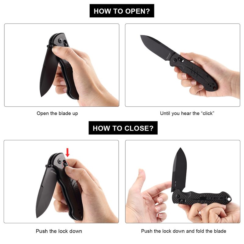 EMHTiii D2 Steel Folding Pocket Knife with Reversible Clip: 3.14" Drop Point Blade, Crossbar Axis Lock, G10 Carbon Fiber Handle, EDC Knives Camping for Men Women E037, Black