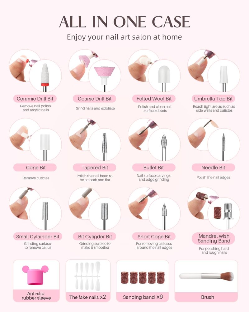 JOREST 13-in-1 Cordless Electric Nail Drill Kit - 35,000 RPM Rechargeable Manicure Tool | LED Display, Rose Pink