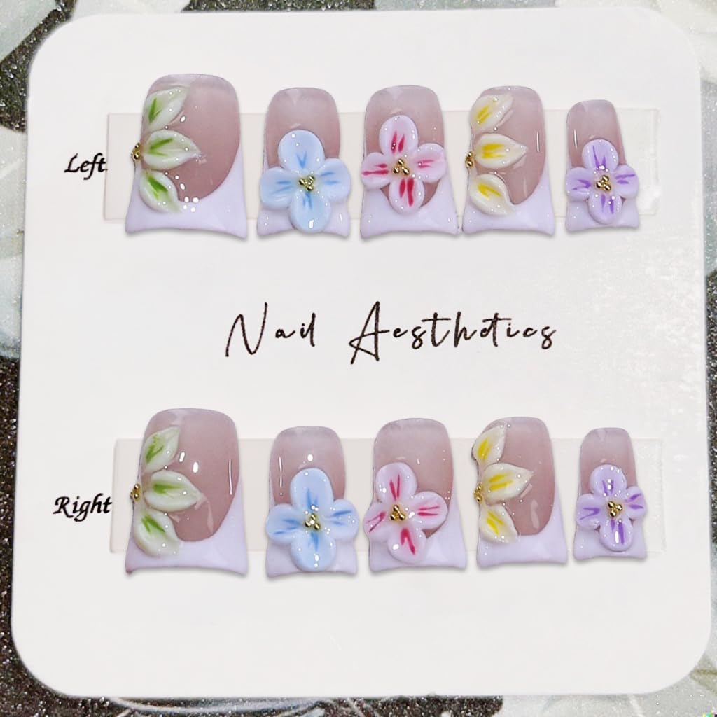 Colorful 3D Flower Press-On Nails - Handmade Thick Acrylic Full Cover | White French Tip (Medium)