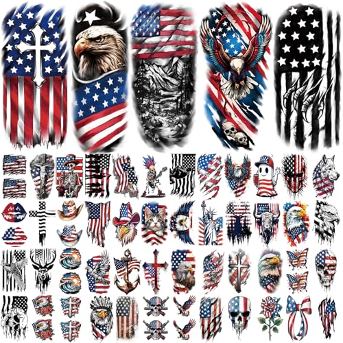 Atydkug Independence Day Temporary Tattoos for Women & Men - 77 Sheets Patriotic Body Art, 17 Large & 60 Small American Flag & Eagle Designs