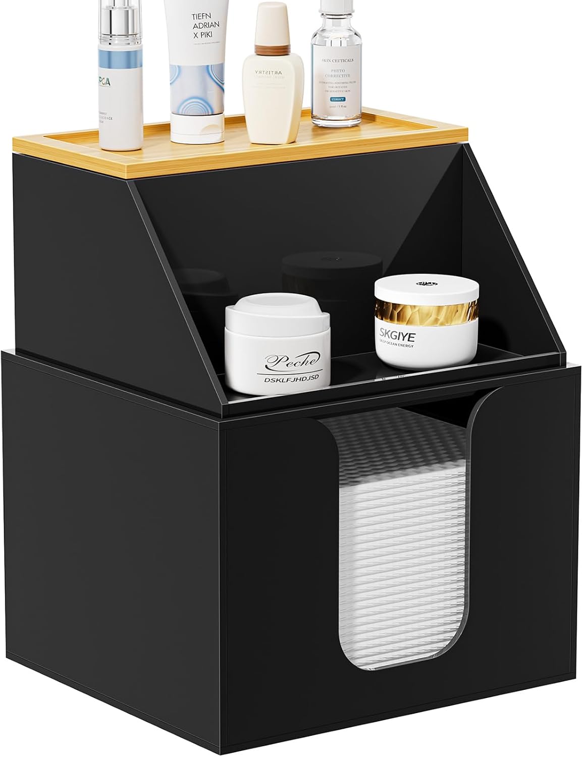 Acrylic Disposable Face Towel Holder - 2-Tier Organizer for Facial Towels & Cotton Pads | Clear with Bamboo Lid