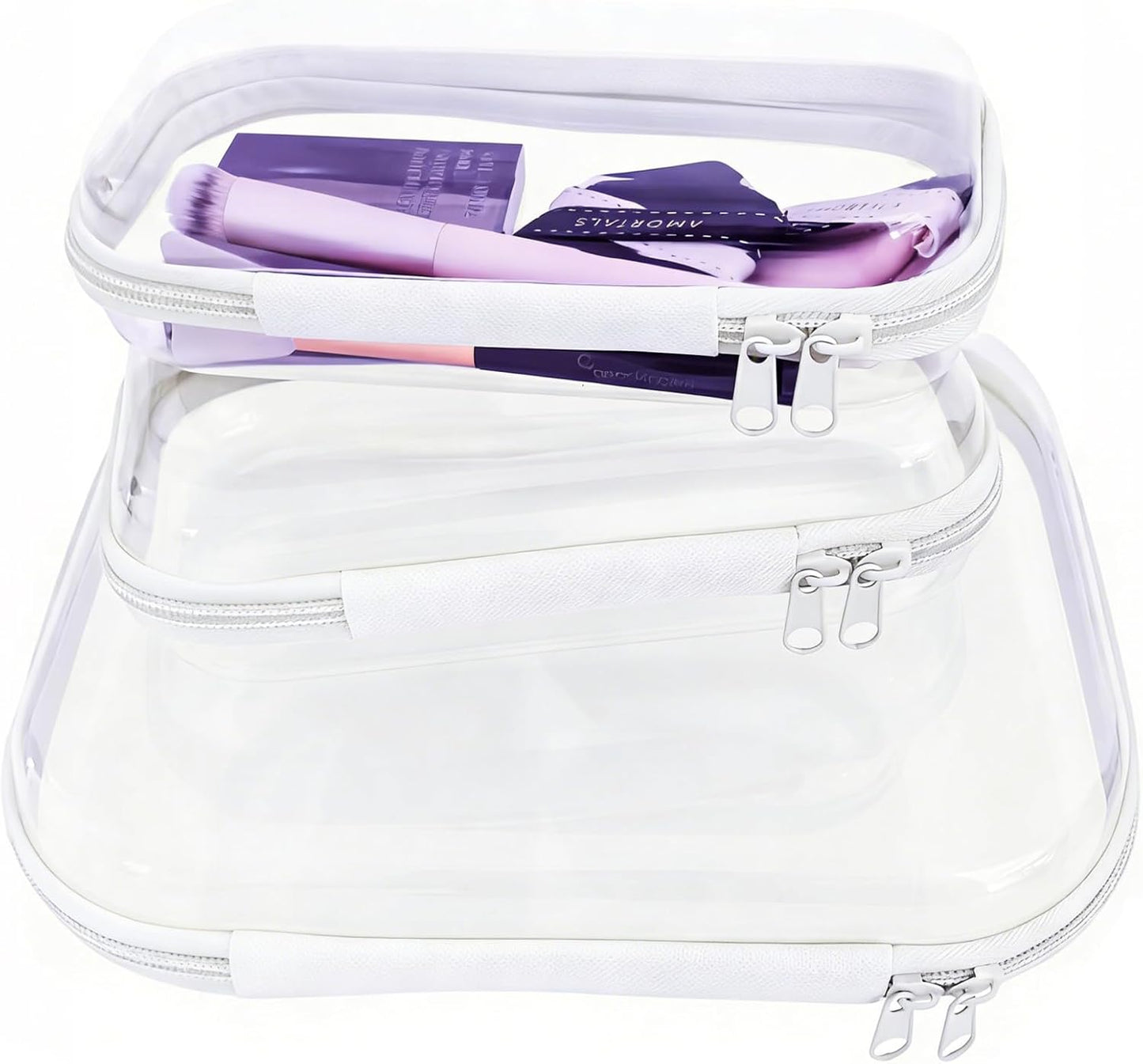Clear Hard Zipper Case Set - 3 Transparent Makeup Organizer Bags for Travel Toiletries | Portable Plastic Storage (White)