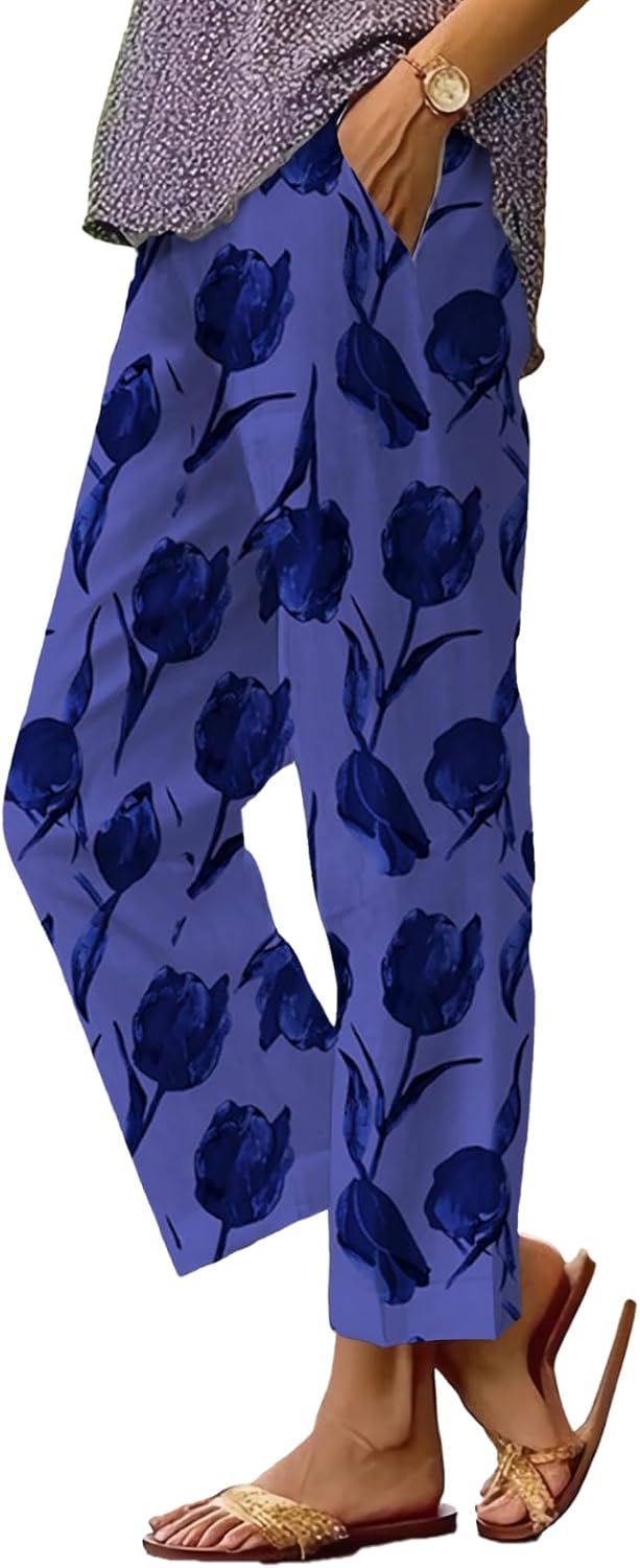 Women's Boho Floral Wide Leg Capris - Elastic Waist, Loose Fit Beach Pants | Casual Summer Trousers