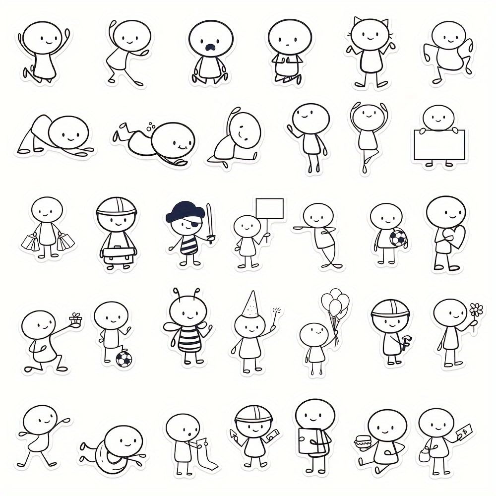 66-Piece Cute Hand-Drawn Character Stickers Set, Funny & Creative PVC Decals for Phone Cases, Journals, Laptops, Water Bottles, Guitars, Skateboards, Luggage, Helmets, Party Decorations and More
