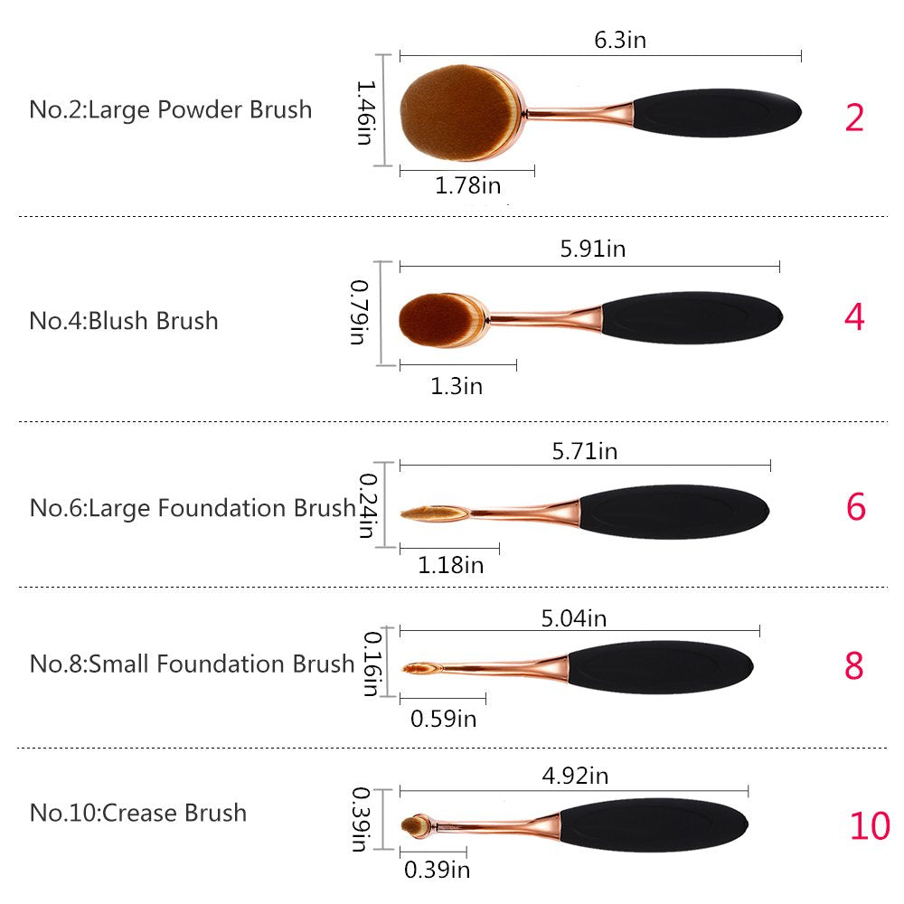 Oval Foundation Brush Set - 5 Pcs Toothbrush Makeup Brushes for Fast, Flawless Liquid & Cream Application