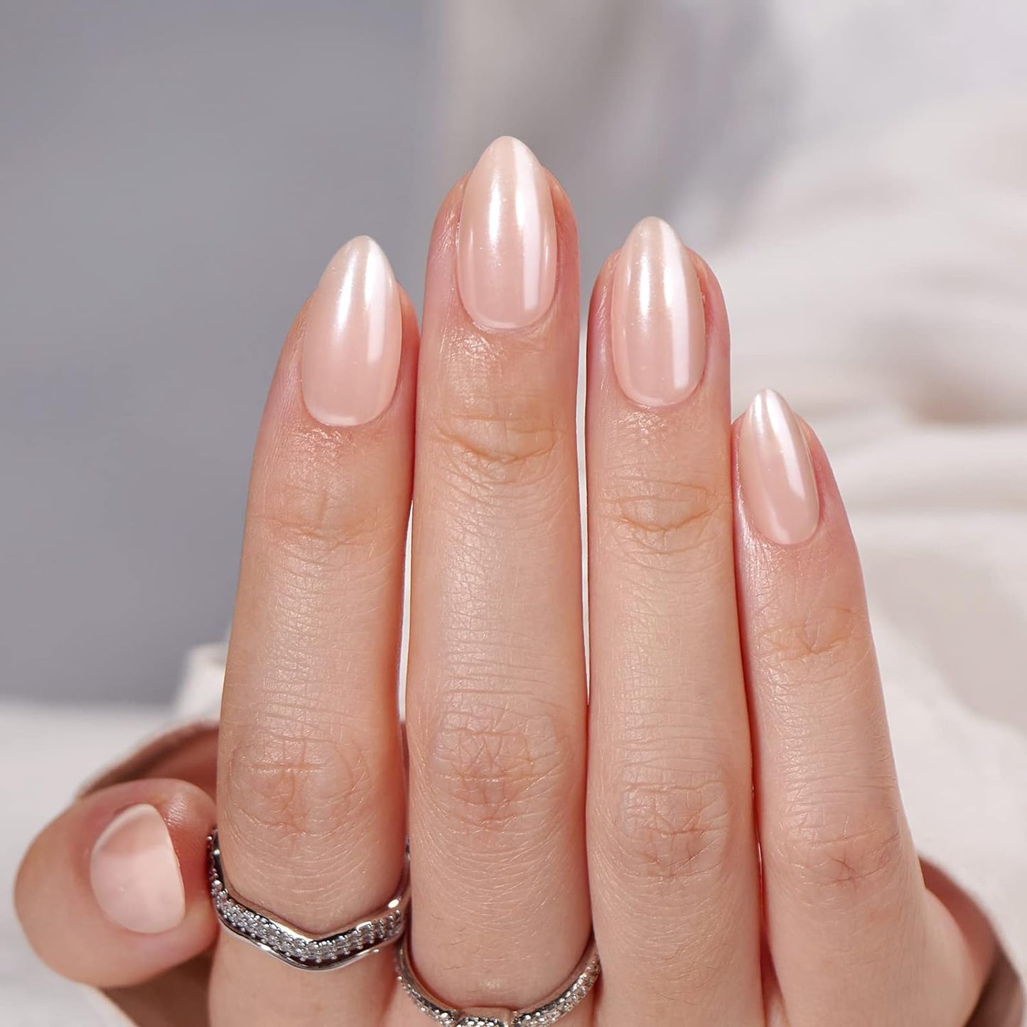Press On Nails Almond - Short Nude Natural Glue-On Nails for Weddings & Birthdays | 32-Piece Kit in 16 Sizes