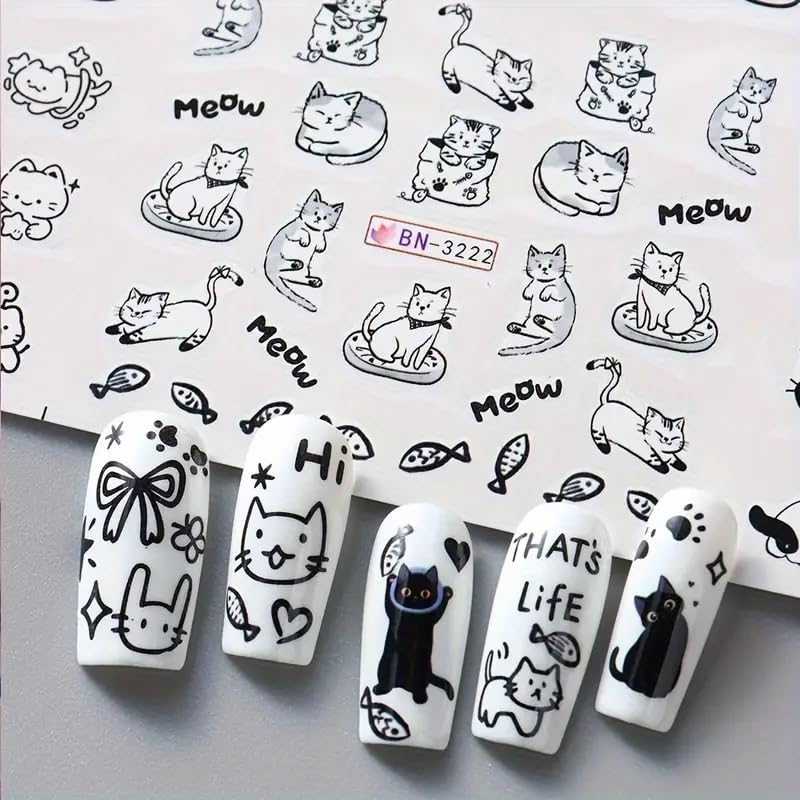 Cute Cat Nail Art Stickers - 12PCS Water Transfer Designs