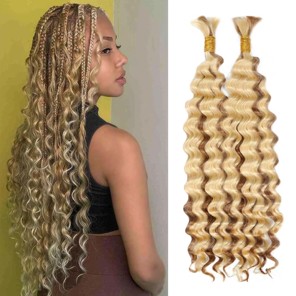 Blonde Braiding Hair 2 Bundles 110g 16 Inch Deep Wave Bulk Human Hair Braiding Wet and Wavy Human Braiding Hair for Boho Braids GveoXvo #27 Curly Human Hair Extensions