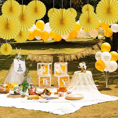 Yellow Party Hanging Paper Fans DIY Set - 12pcs for Weddings & Events