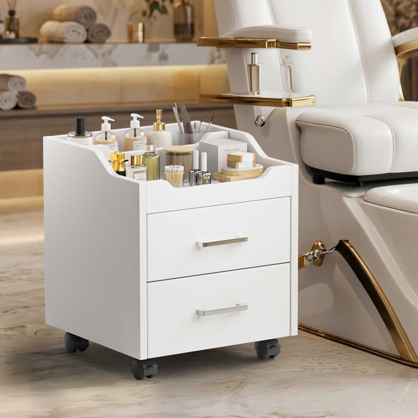 OmySalon Pedicure Cart, Foot Bath Trolley with 2 Storage Drawer, Portable Nail Esthetician Cart for Manicure & Foot Massage, Beauty Spa Supplies with Locking Wheels, Upgrade White