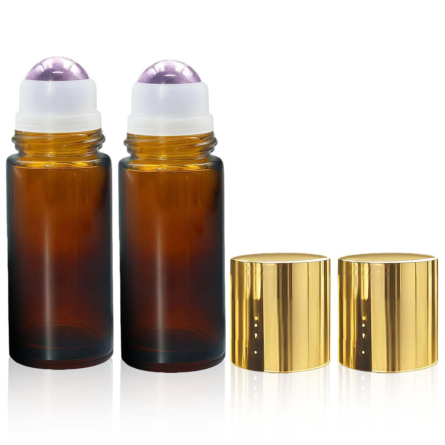 Warmify 2 Pack Amethyst Roller Bottles for Essential Oils, 50ml Refillable Amber Glass Roll On Bottles with Natural Crystal Roller Balls, Leak-Proof Travel Perfume Bottle with Gold Caps