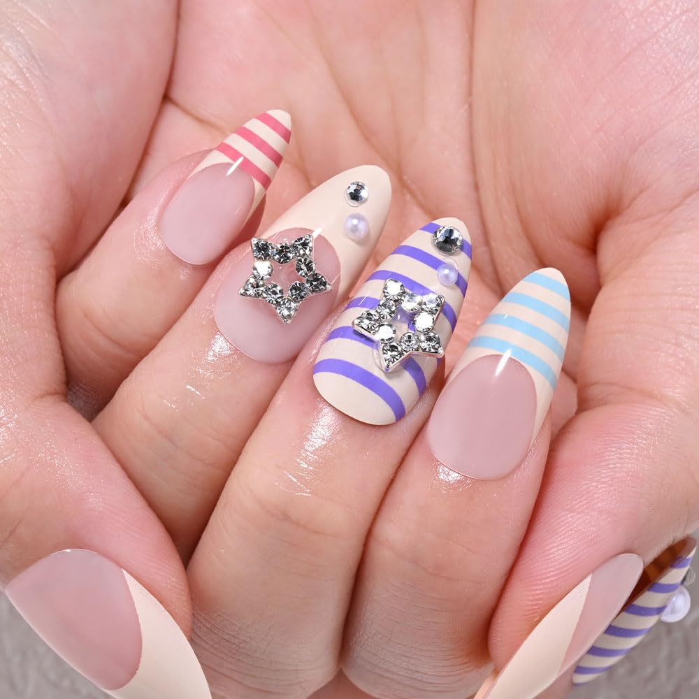 3D French Stripe Press-On Nails - Short Almond Sea Stars Design | Reusable Full Cover Fake Nails for Women