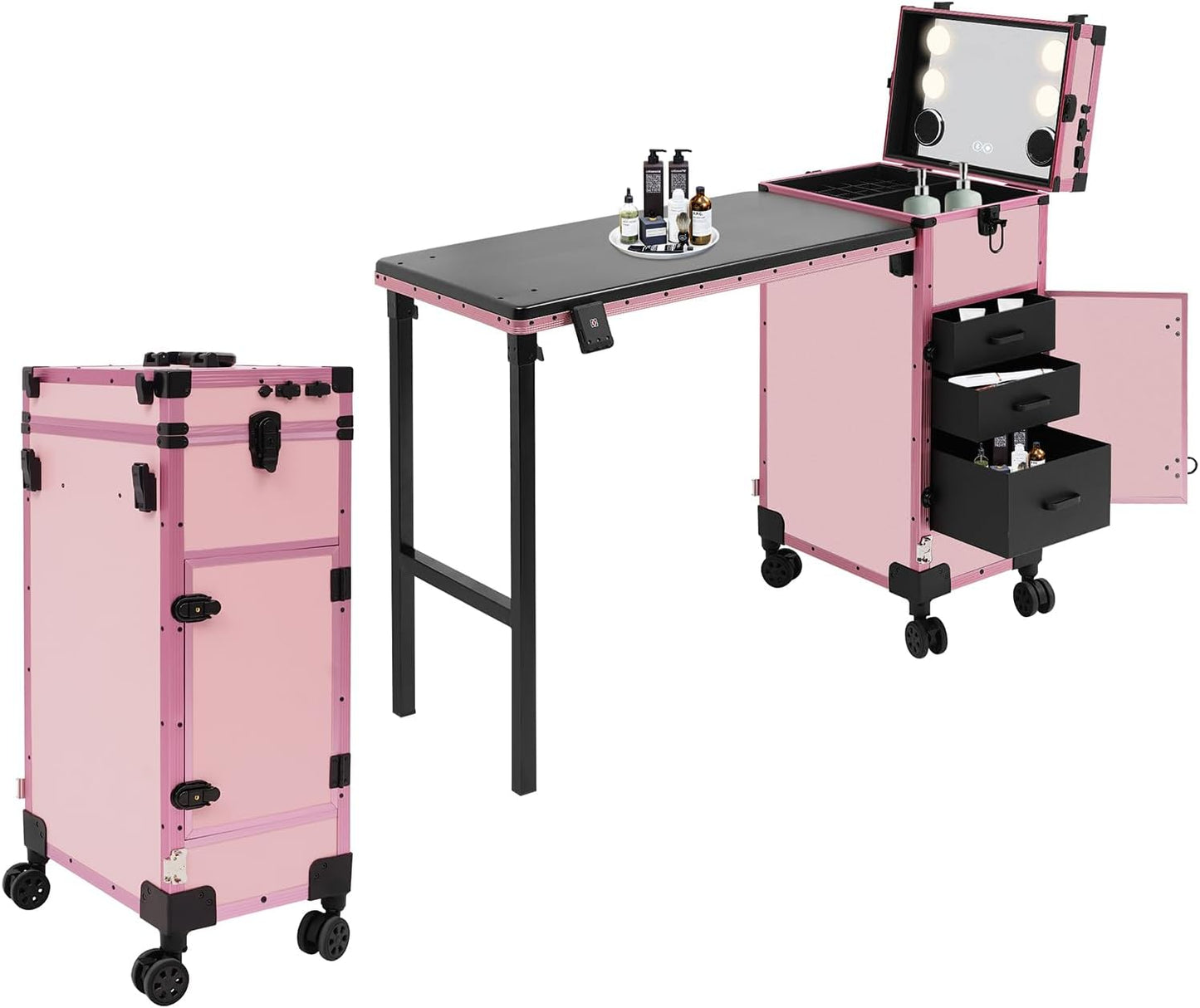 Portable Rolling Manicure Table - Foldable Nail Desk with Storage & Adjustable Light | Pink, 3 Drawers