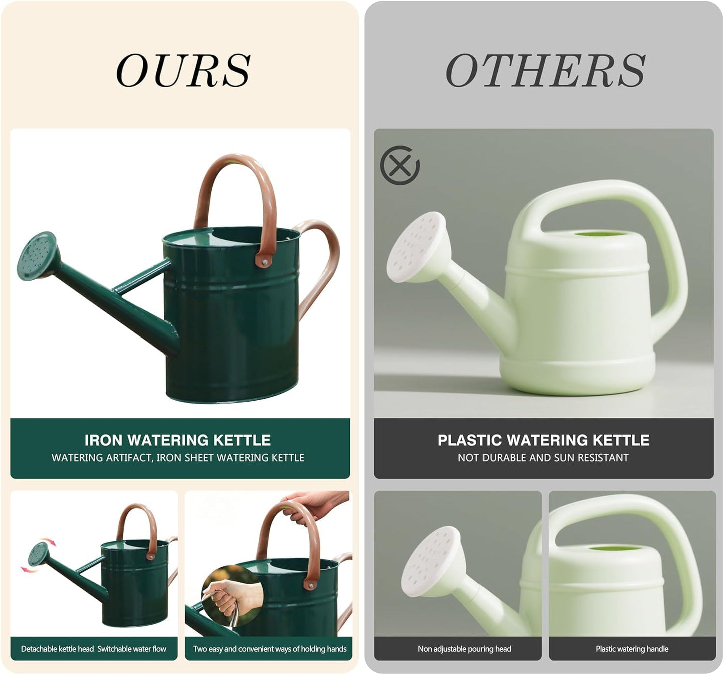 yourjoy Metal Watering Can with Removable Spout, 1 Gallon Watering Cans Stainless Steel Handhold for Outdoor Indoor Garden Plants Watering (Green)