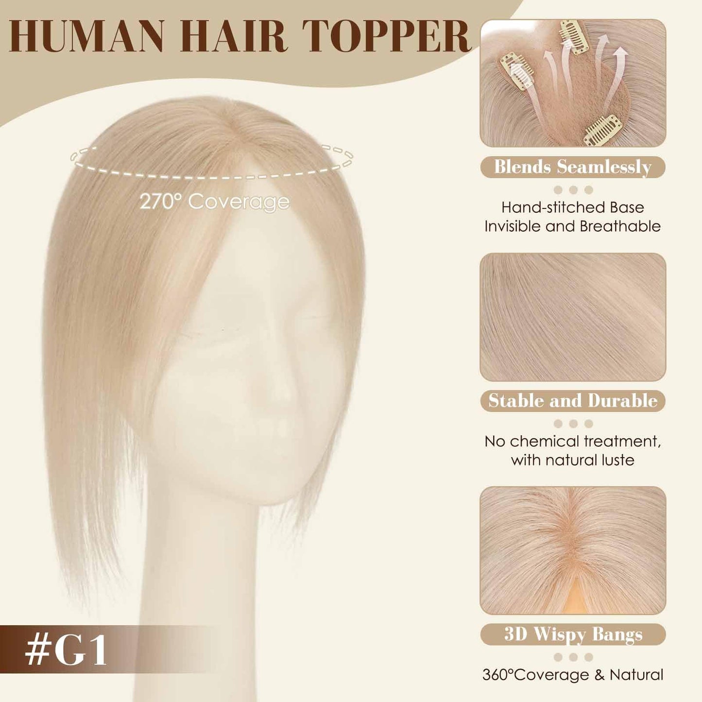 S-noilite Hair Toppers for Women Real Human Hair, Breathable Handmade Base Human Hair Topper no Bangs 360°3D Cover Clip in Middle Part Bangs Grey 12inch
