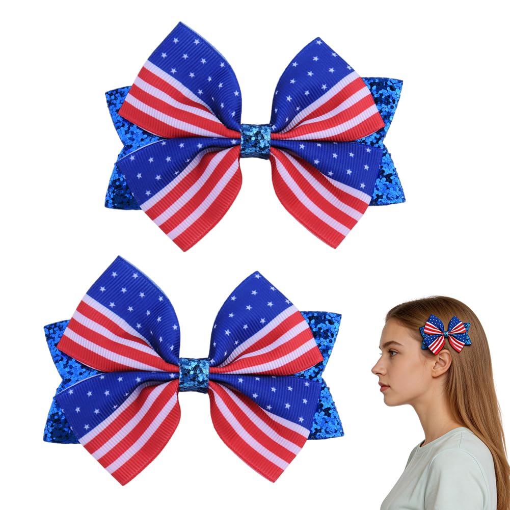 American Flag Hair Bow Clips for Women 4th of July Accessories for Toddler Girl Fourth of July Hair Clips for Kids Red White and Blue Hair Bow for Girls Independence Day Accessories Barrettes 2Pcs