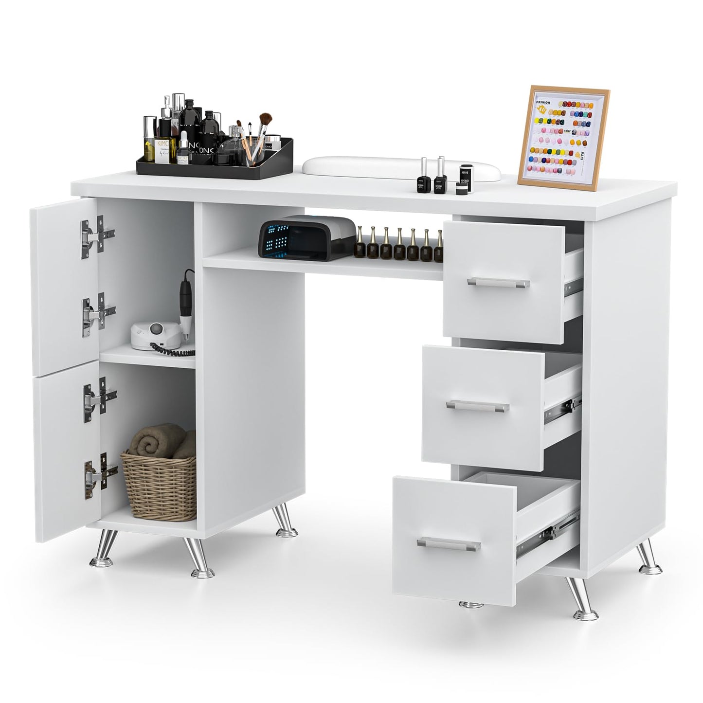 White Nail Desk for Nail Tech,Acetone-Resistant Manicure Table Nail Tech Desk with Drawers Nail Tech Table Station Storage Cabinet, Open Drawer, Wrist Pad, Metal Legs, for Beauty, Salon, Spa Makeup