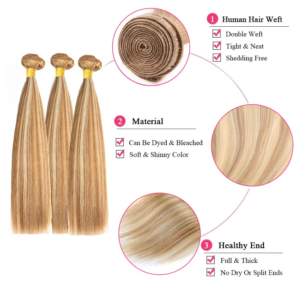 18 20 22 Inch P27/613 Highlight Blonde Bundles Human Hair Straight Bundles Blonde Color Straight 3 Bundles 50g/Bundle Unprocessed Brazilian Virgin Weave Hair Extensions for Black Women