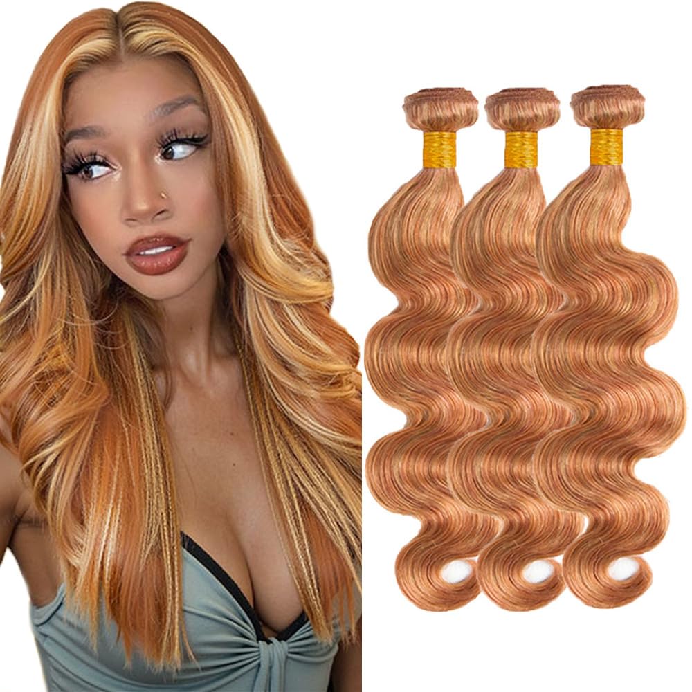 GveoXvo Honey Blonde Human Hair Bundles Highlight Bundle Human Hair 18 18 18 Inch Blonde Body Wave 3 Bundles