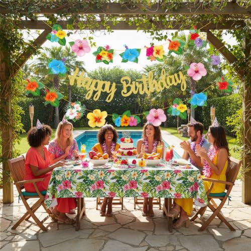 3-Piece Tropical Hibiscus Birthday Banner Set with Glitter