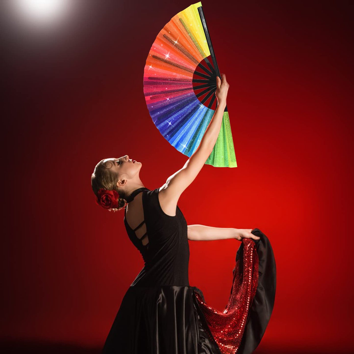 Large Rainbow Hand Fan Rave Clack Folding Fan Handheld Holographic Glitter Festival Foldable Silk Fan with Fabric Case for Men Women Gift Line Dancing Performance Gay Pride Day Parade Party Cosplay