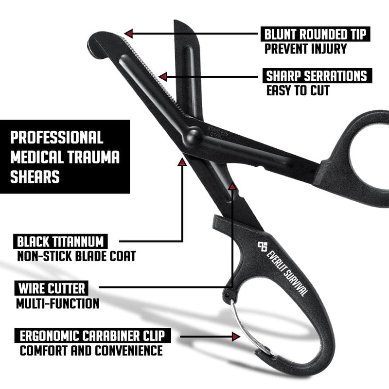 EVERLIT Trauma Shears Black Titanium Coated Non-Stick Blades Stainless Steel Bandage Medical Scissors for EMT EMS Doctor and Nurses (6" Compact, 1 Pair)
