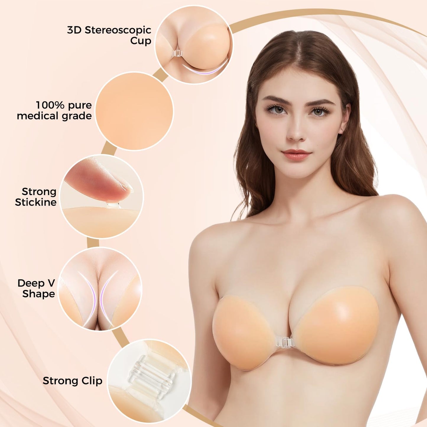 Adhesive Bra Invisible Push up Reusable Silicone Off Backless Viscous for Women Dress Nude