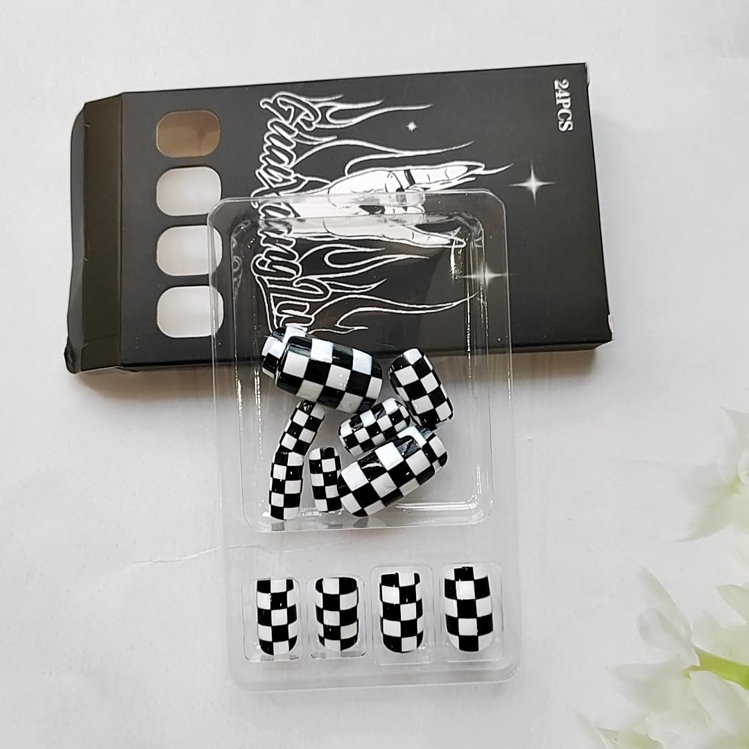Short Press On Nails | Black White Plaid Acrylic Nail Tips - 24 Pcs Full Cover Glossy Design for Women