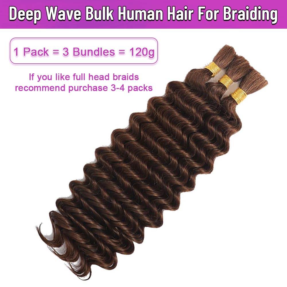 Human Braiding Hair for Boho Braids 120g Deep Water Wave Boho Bulk Human Hair for Knotless Braiding Curly Wet and Wavy Bohemian 100% Virgin Hair Extensions No Weft 3 Bundles/Pack Natural Brown