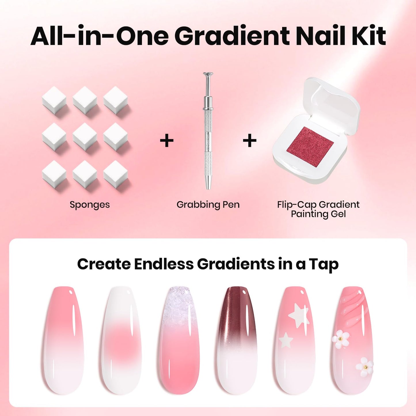Beetles 150Pcs Soft Nail Sponges for Ombre, White Nail Sponge with Grabbing Pen, Pink Pat Painting Gel Polish Kit for Gradient Ombre Blush Chrome Design Nails Art Tools, Home DIY Salon Manicure