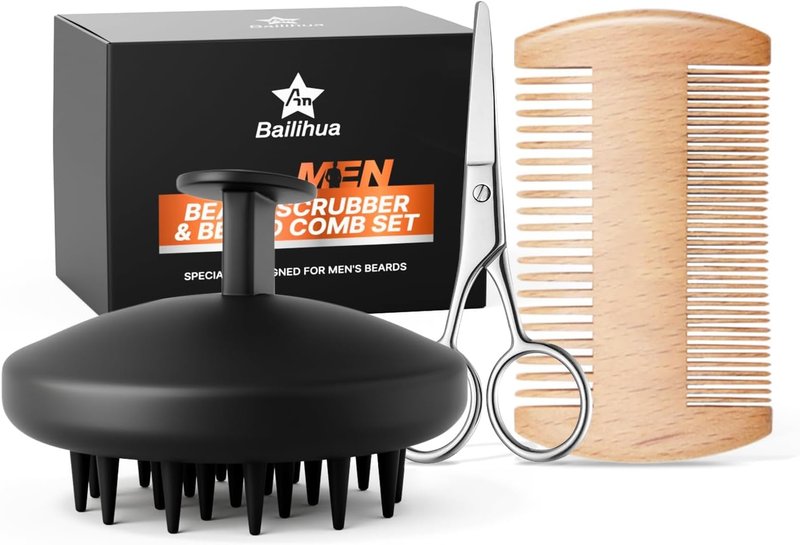 Beard Scrubber Brush Kit for Men, Silicone Beard Brush & Scalp Massager, Beard Exfoliator for Beardruff, Beard Shampoo Brush with Dual-Sided Comb and Mustache Scissors, 3 Piece Grooming Set