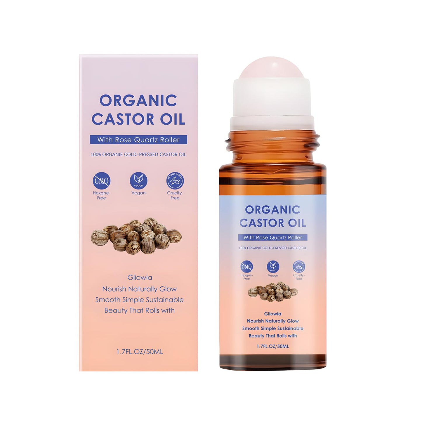 Organic Castor Oil Roll On,Castor Oil Rose Quartz Roller Ball,100% Castor Oil Organic Cold Pressed,On for Face, Neck & Under Eye Care, Smooth-Glide Massage Roller (2pcs)