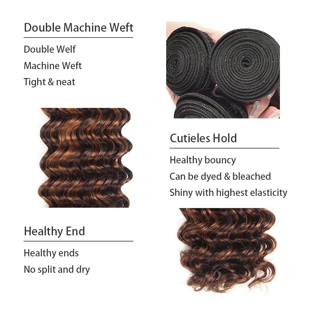 24 26 28 Inch AuokMar P430 Bundles Human Hair Ombre Deep Wave Bundles Unprocessed Virgin Mixed Length Chocolate and Black Bundle Hair Extensions