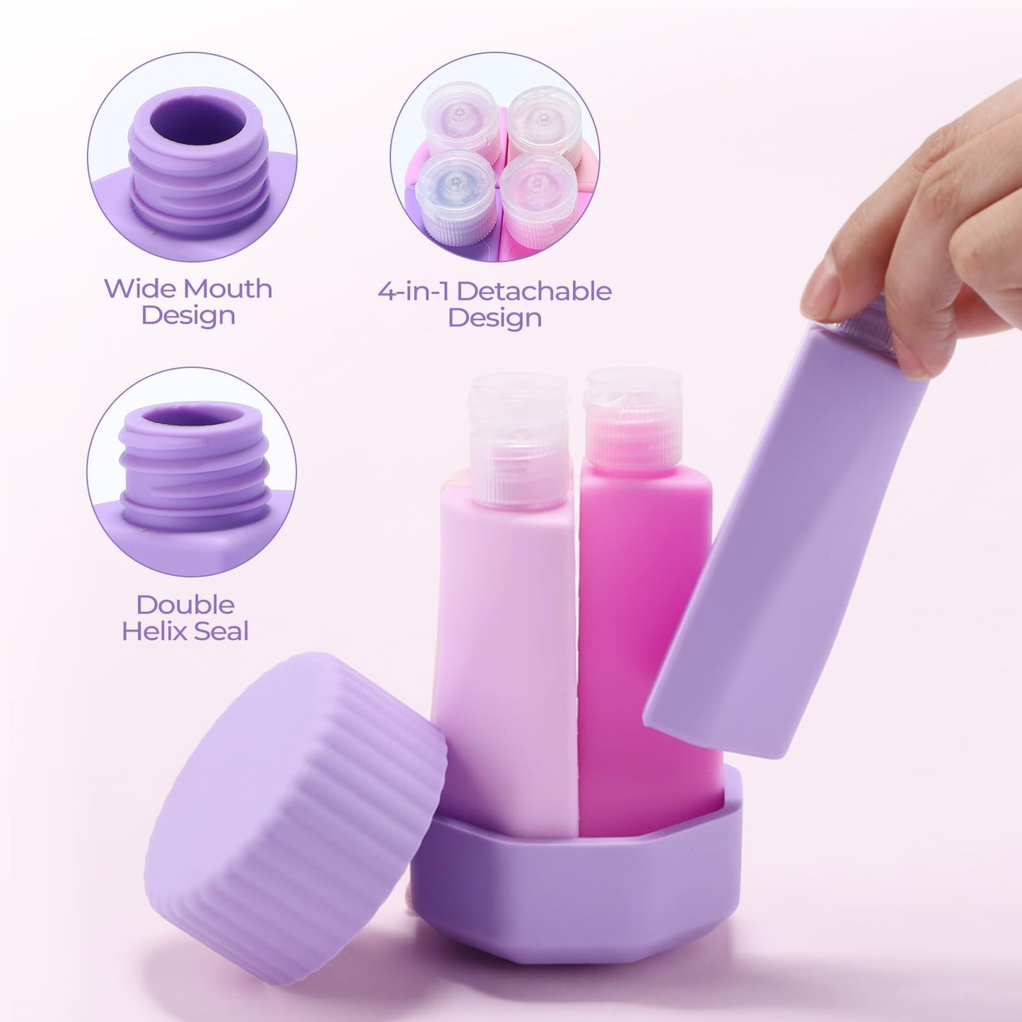 Teecyhooo 4 in 1 Silicone Travel Bottle for Toiletries, Travel Size Containers Leak Proof Refillable Liquid Squeezable Portable Dispenser Tubs for Shampoo Conditioner Lotion Body Wash(Purple)