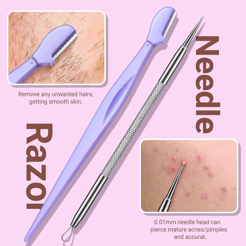 TsMADDTs Blackhead Remover Tools and Ingrown Hair Tweezers, 9 pcs Pimple Popper Tool Kit, Ingrown Hair Removal Kit with Pimple Extractor, Pore Extractor, Tweezers, Razor
