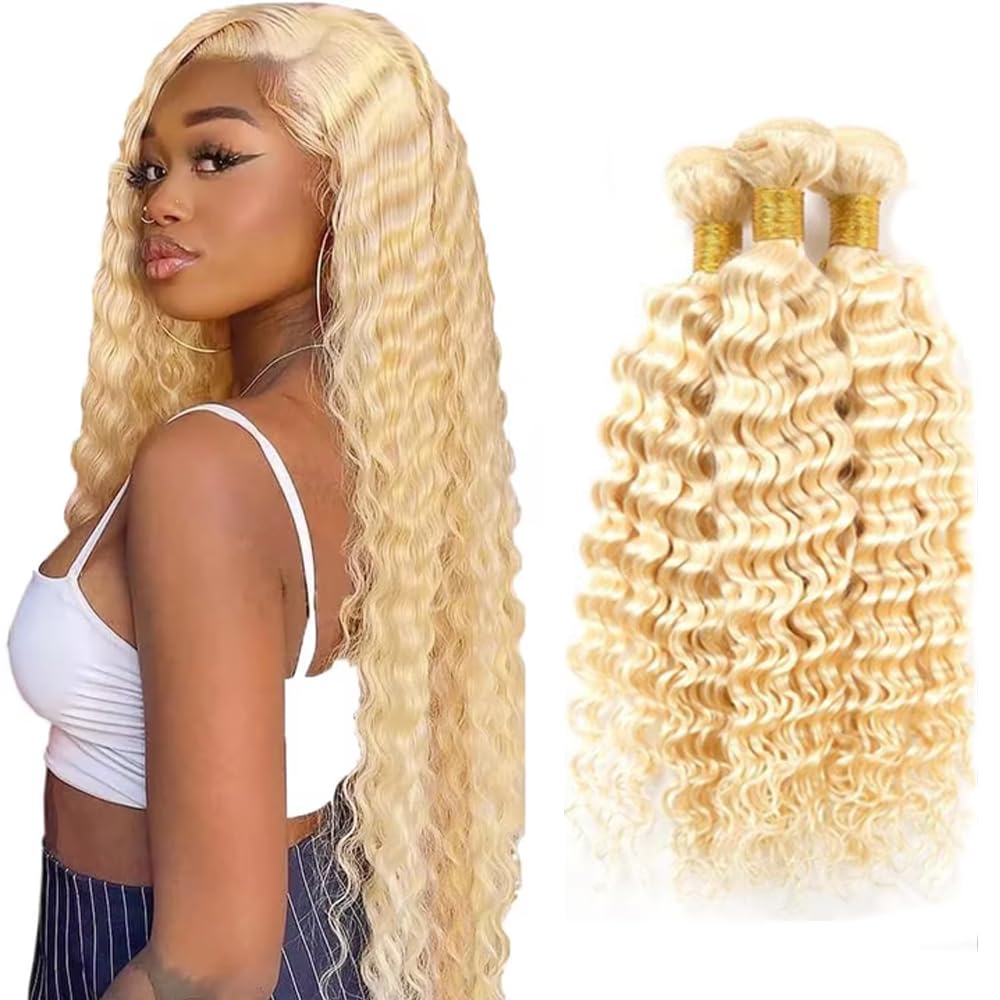 28 28 28 inch AuokMar Blonde Bundles Human Hair 613 Deep Wave Bundles Peruvian Virgin Hair 3 Bundle 613 Blonde Bundle 300g