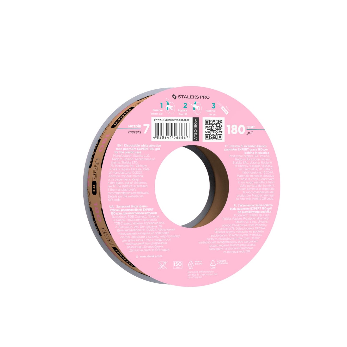 STALEKS PRO Disposable White Abrasive Tape papmAm Expert – 180 Grit – 7m Roll – Glueless Replaceable Abrasive for Plastic Case – Professional Nail Shaping – Manicure & Pedicure