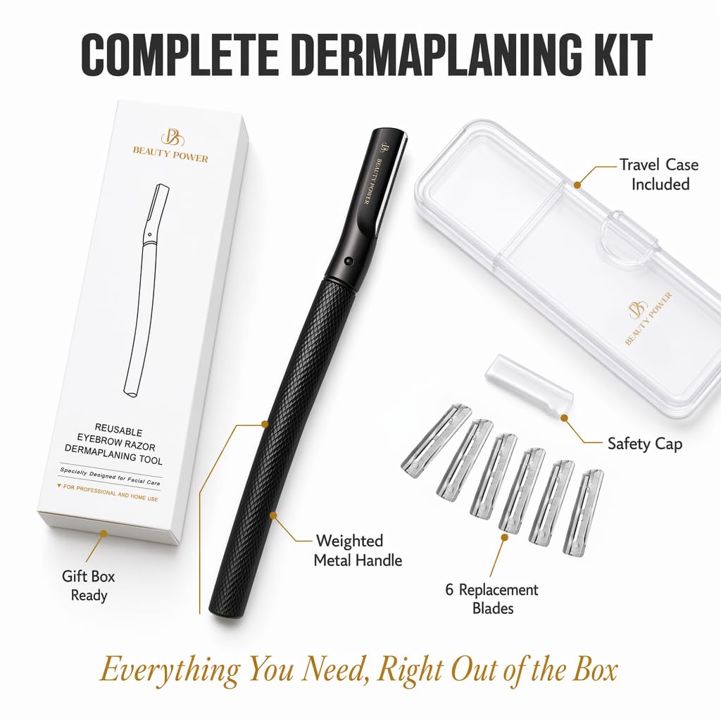 Eyebrow Razor - Beauty Power 6-Blade Trimmer with Travel Case | Precision Facial Shaver for Smooth Skin - Black