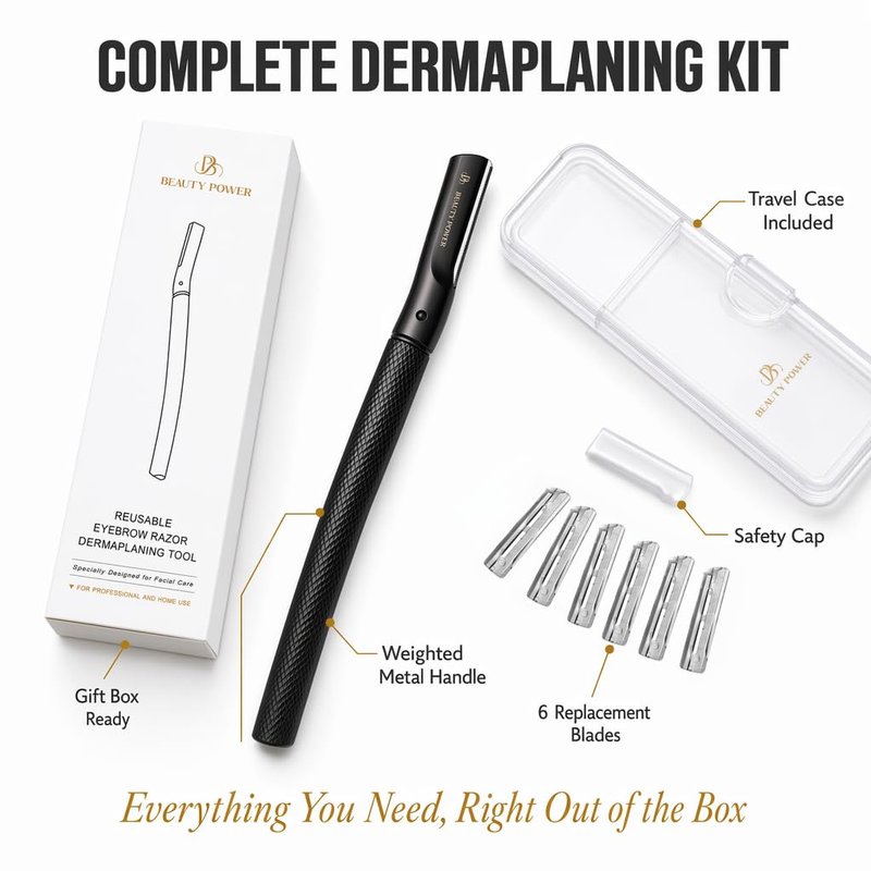Beauty Power Eyebrow Razor with 6 Blades & Travel Case – Face Razors for Women & Men, Eyebrow Trimmer Shaper with Precision Cover, Facial Shaver & Dermaplaning Tool for Smooth Skin - Gift Idea - Black
