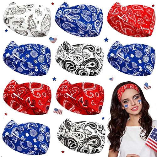 Jutom 10 Pcs Paisley Bandana Headbands for Women - Red, White, Blue