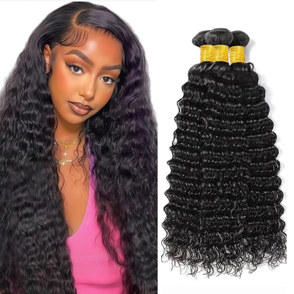 30 32 34 Inch Deep Wave Bundles Deep Wave Human Hair Bundles Color 1b Black Bundle Human Hair Curly Wet And Wavy Bundle 150g